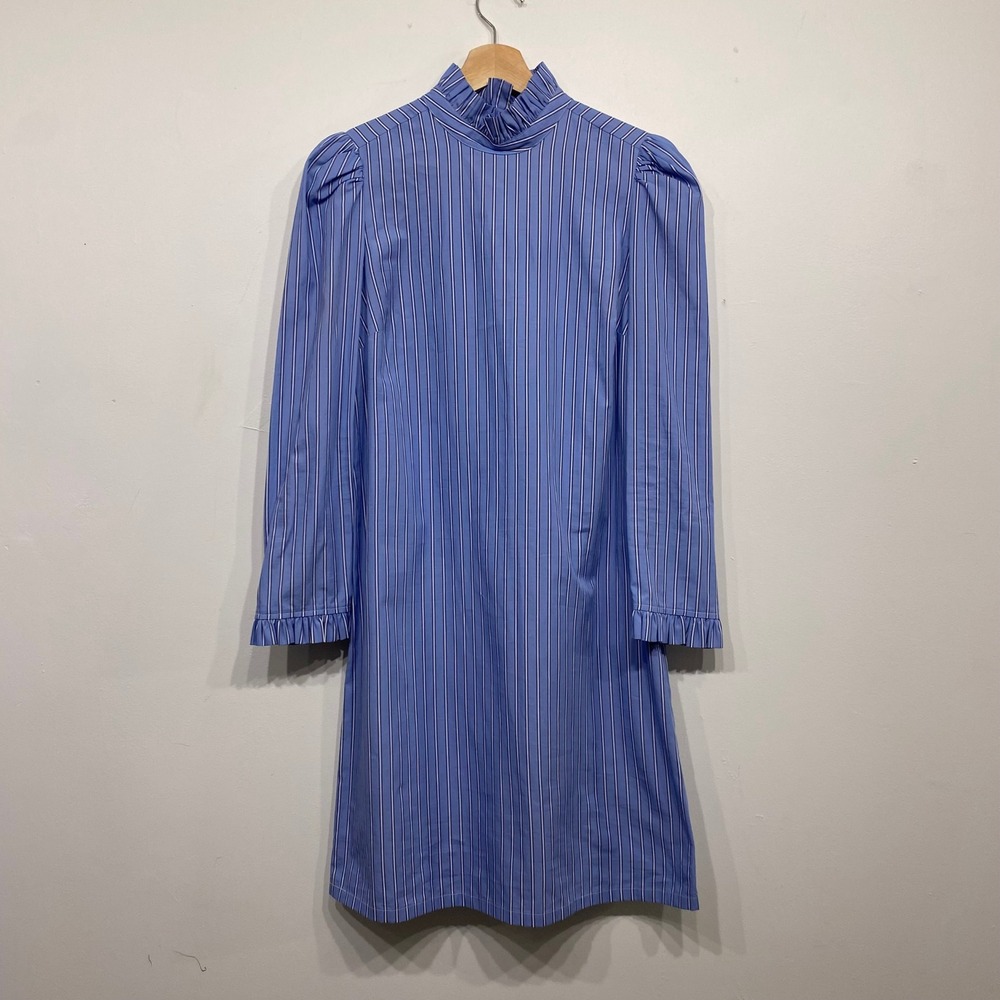 Kate Spade New York Blue White Striped Ruffle High Neck Puff Sleeve Mini Dress S
